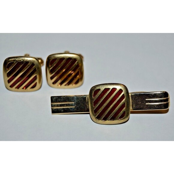 Vintage Brass with Red Accents 1960s Classic Men's Cuff Links & Tie Bar Set Rare - Picture 1 of 9